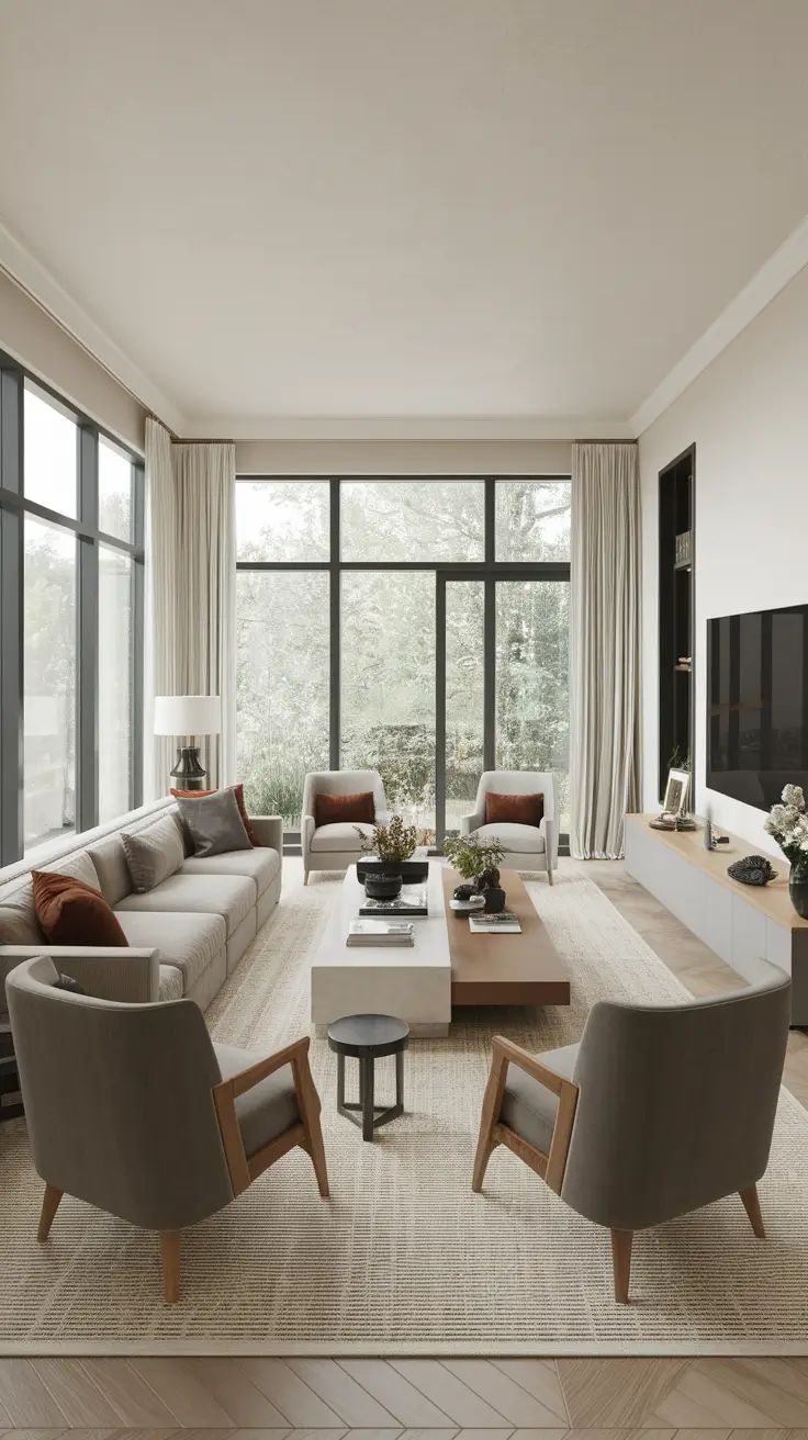 چیدمان پذیرایی مستطیل باریک