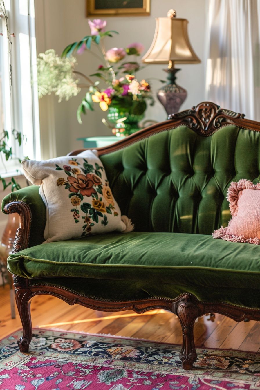 مدل مبل مخمل سبز با چوب قهوه ای و ماهگونی