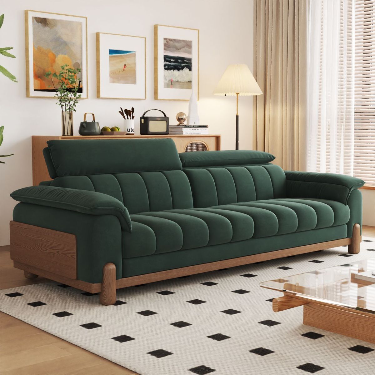 مدل مبل مخمل سبز با چوب قهوه ای و ماهگونی