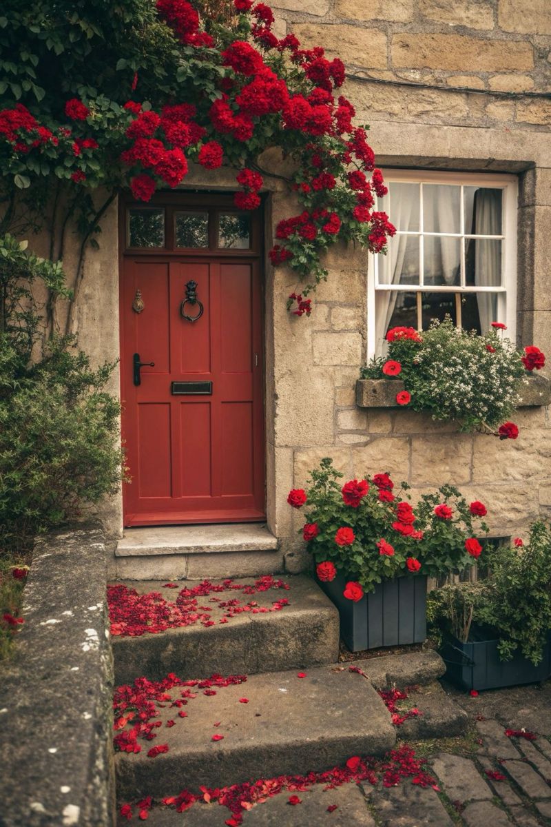  گل کاری جلوی در و تزیین ورودی با گل طبیعی