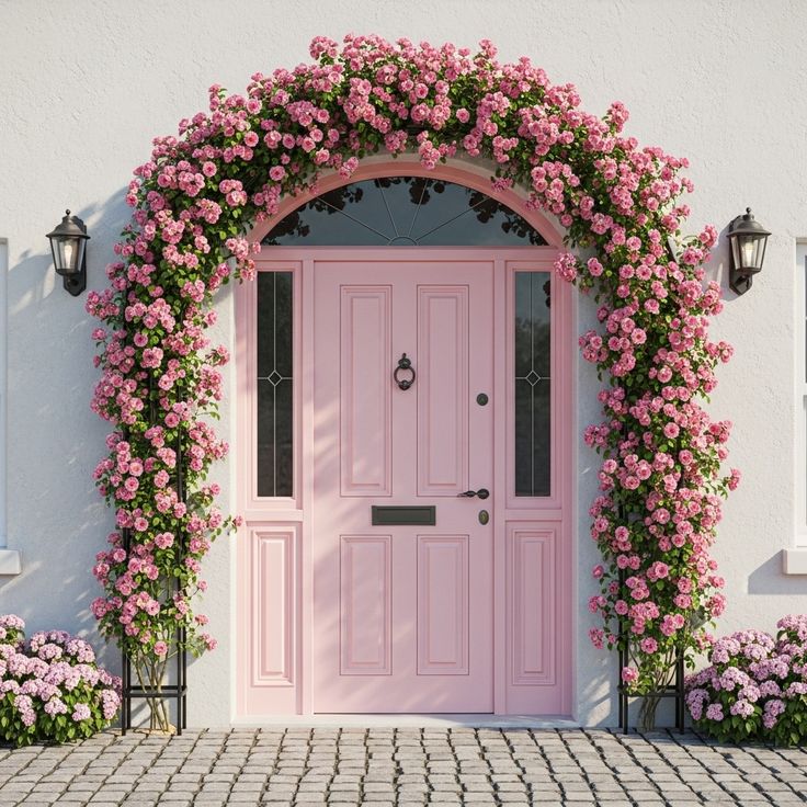  گل کاری جلوی در و تزیین ورودی با گل طبیعی