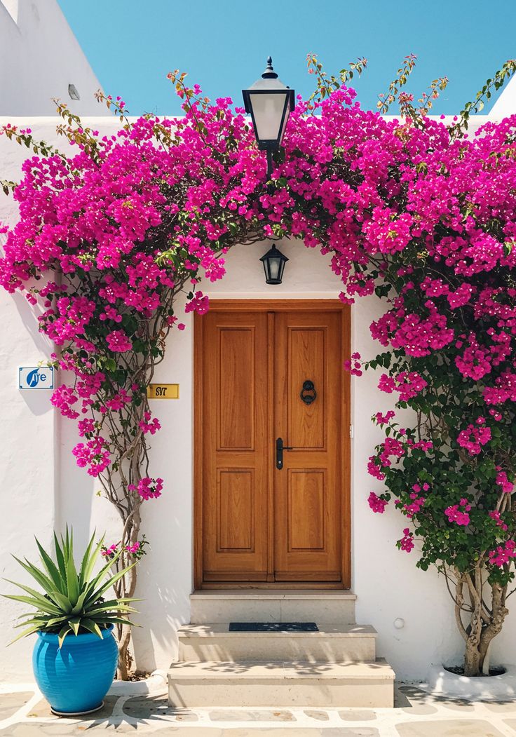  گل کاری جلوی در و تزیین ورودی با گل طبیعی