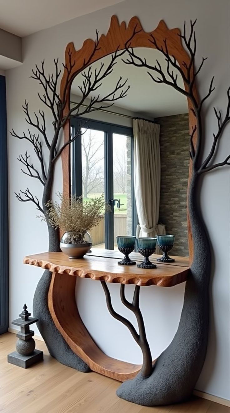 آینه تزئینی با تنه چوب درخت