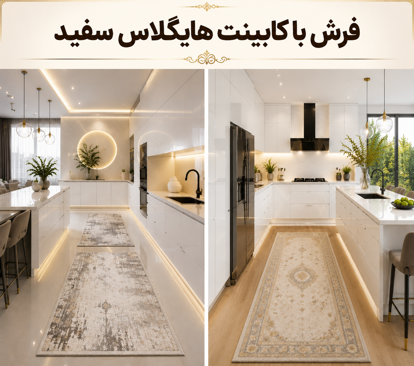 فرش آشپزخانه با کابینت های گلاس سفید؛ برای فضای روشن و مدرن
فرش آشپزخانه باید ساده و هماهنگ با ظاهر براق کابینت انتخاب شود. فرشهای خیلی شلوغ ممکن است باعث شوند سطح براق کابینت در دکوراسیون کمتر دیده شود.
رنگهای مناسب:
طوسی روشن
کرم
نقرهای
سفید با طرح ملایم
هستند.
فرش با کابینت سفید