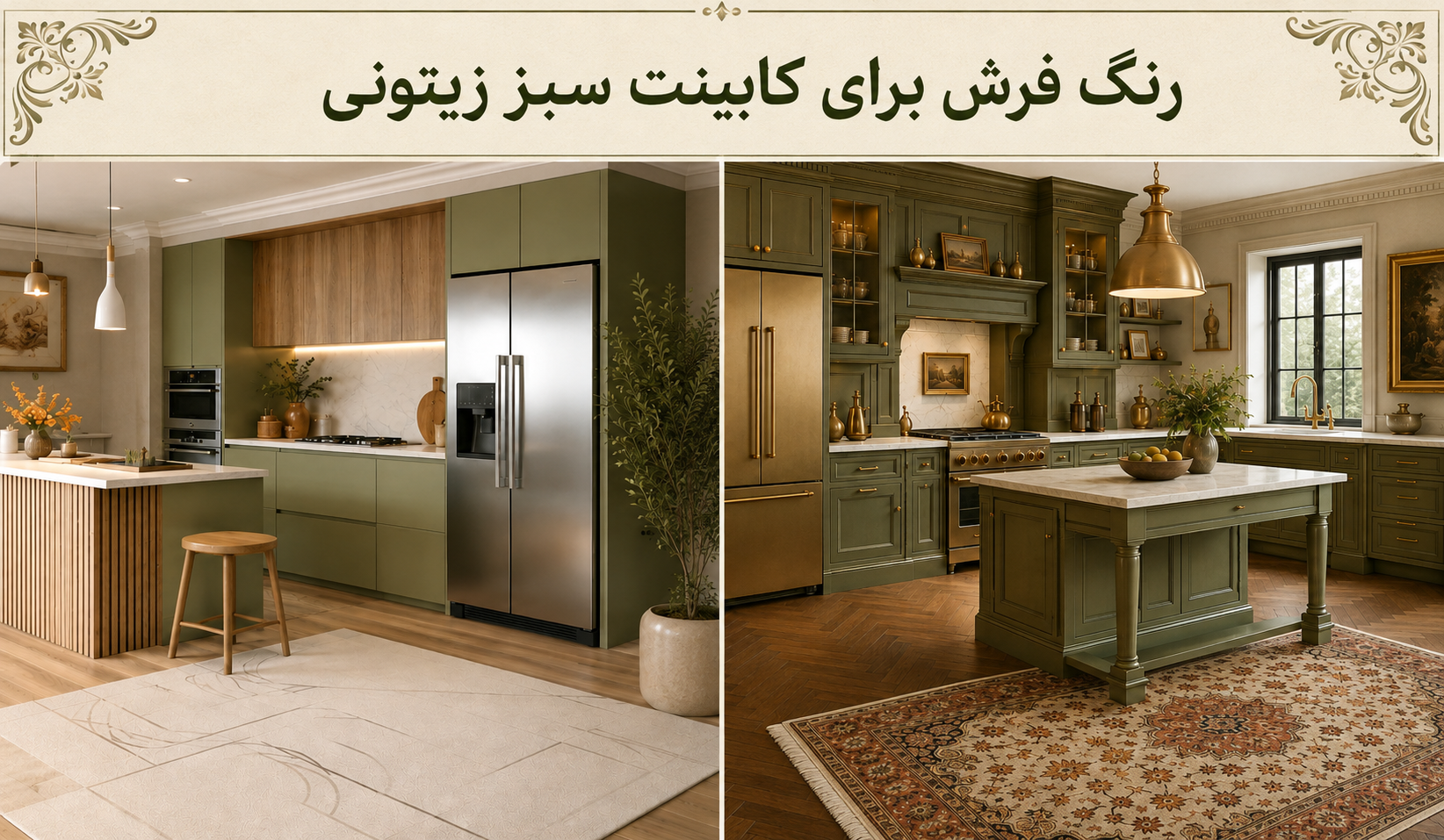 رنگ فرش برای کابینت سبز زیتونی