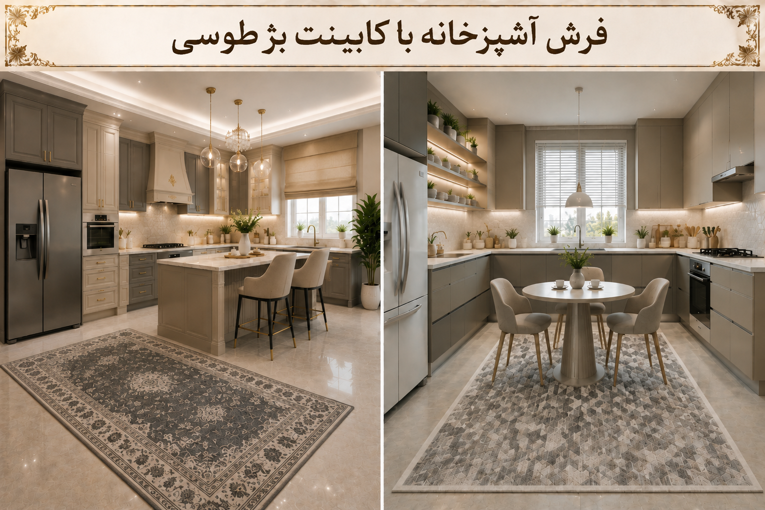 فرش آشپزخانه با کابینت بژ