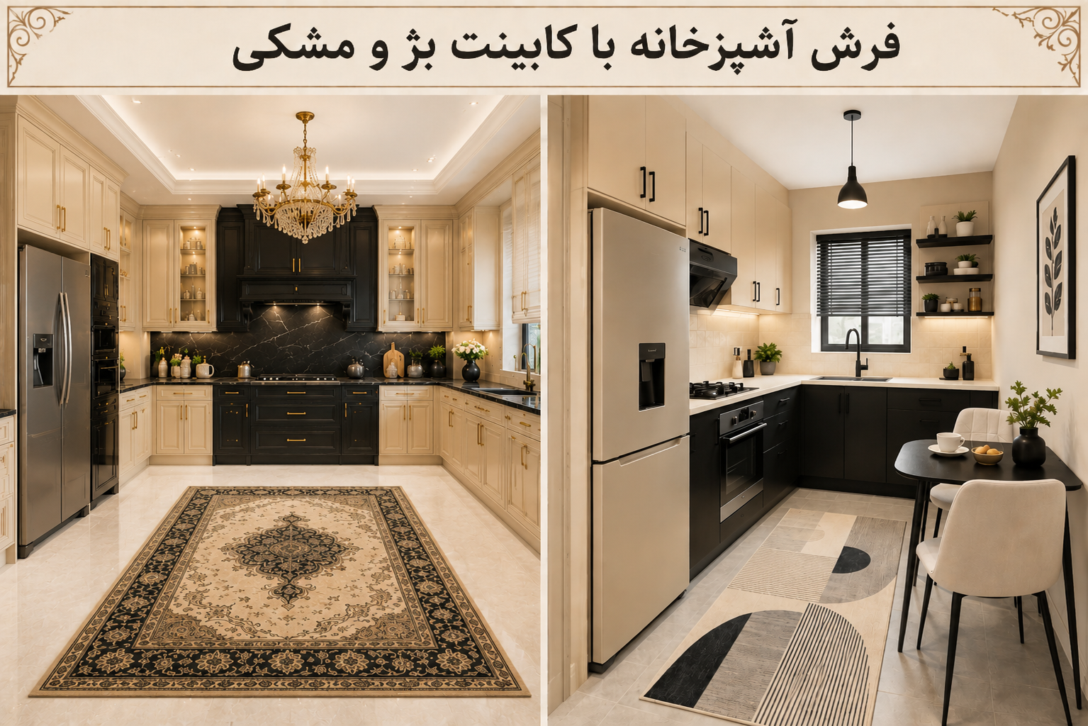 فرش آشپزخانه با کابینت بژ