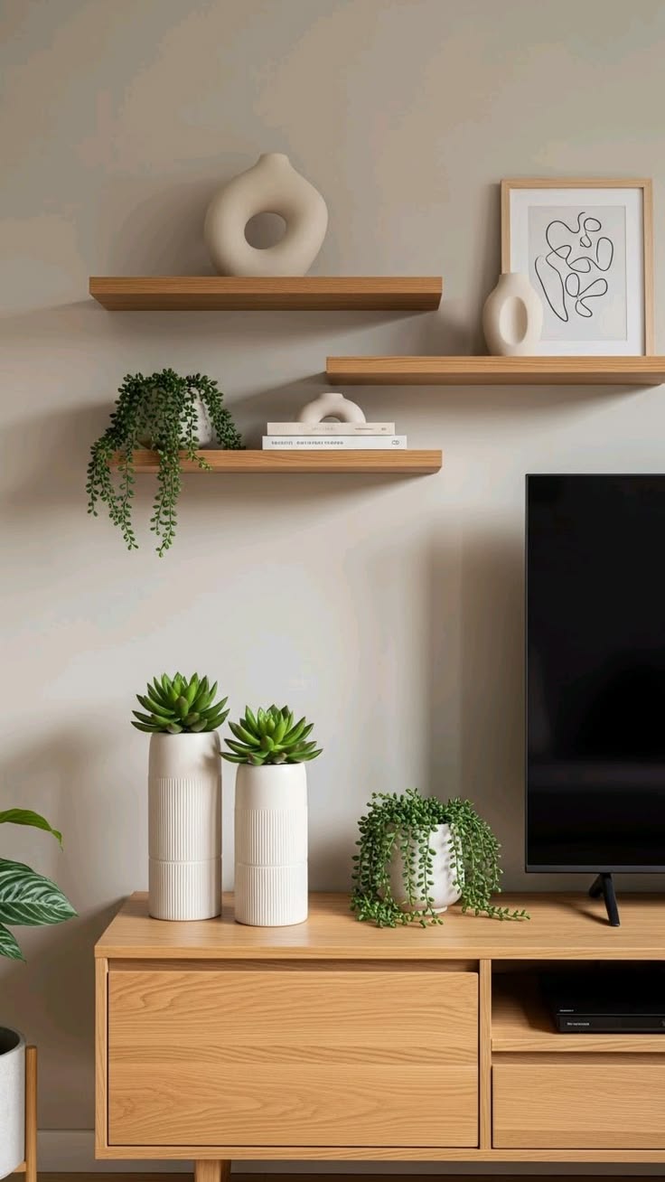 چیدمان گل طبیعی کنار تلویزیون