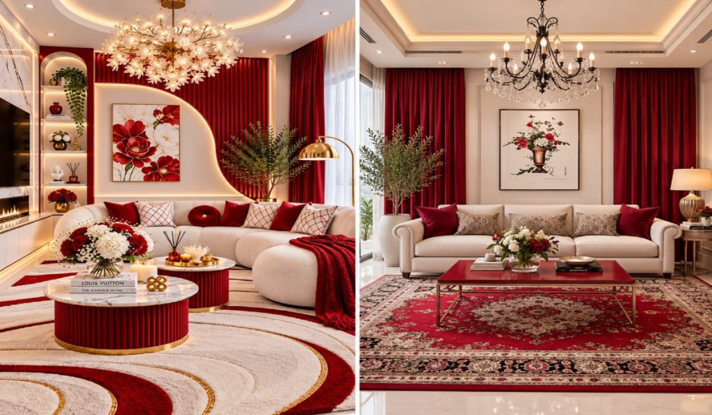 دکوراسیون قرمز و سفید برای پذیرایی؛ شیکترین مبلمان، فرش، پرده و دکوری ها