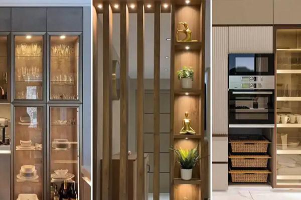 دکوری کابینت با ظروف مسی چکش‌کاری شده
