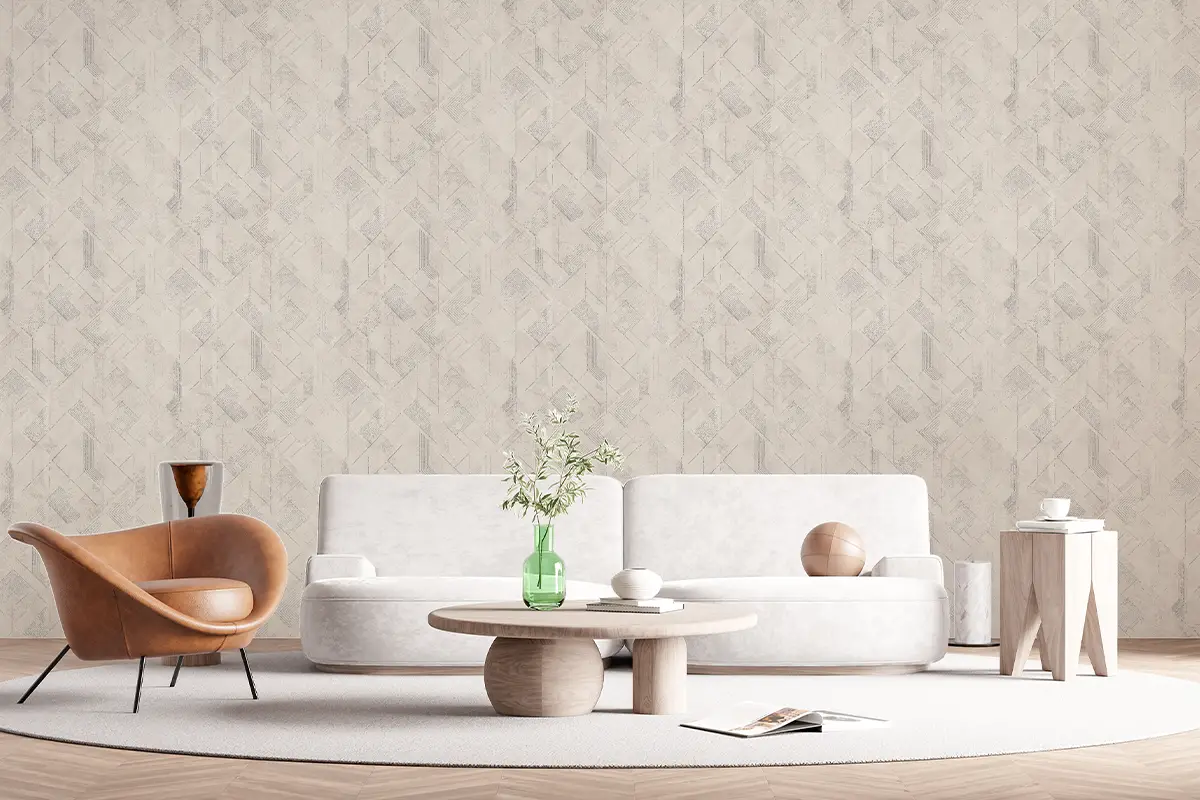 کاغذ دیواری طرح هندسی به همراه میز  و مبل