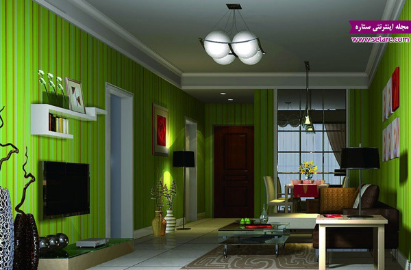 کاغذ دیواری و دیزاین سبز رنگ - دکوراسیون داخلی اتاق نشیمن