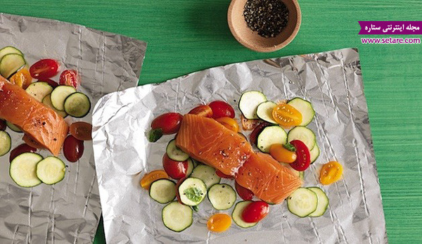 خواص ماهی،انواع ماهی،،طرز تهیه فیله ماهی سالمون با سبزیجات در فر