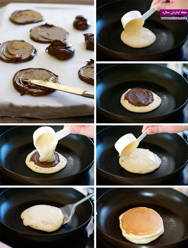 شکلات صبحانه،نوتلا،پنکیک،طرز تهیه پنکیک مغزدار با شکلات صبحانه نوتلا