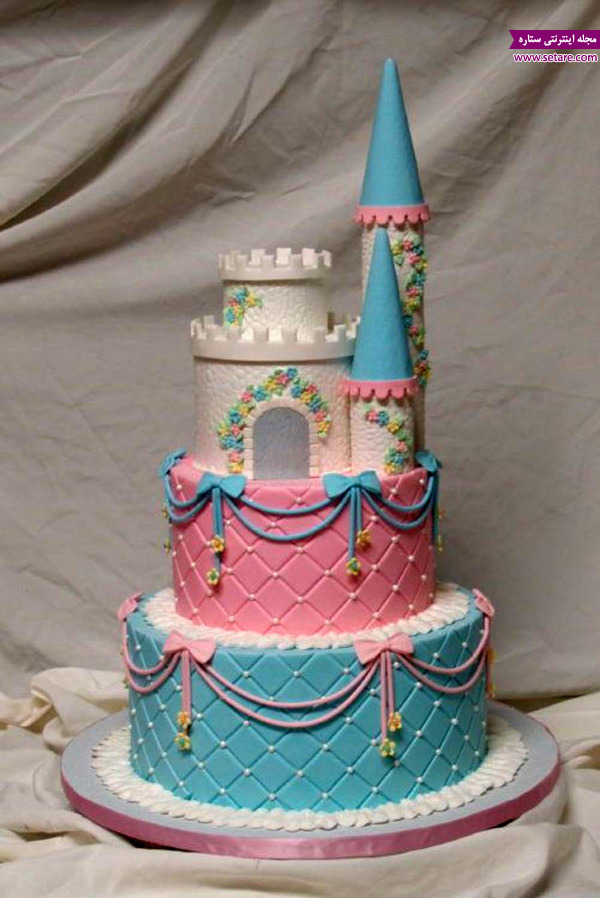  با تزیین قلعه،کیک تولد کودک،کیک چند طبقه،تم تولد دخترانه،تزیین کیک تولد،تزیین کیک تولد دخترانه،کیک 