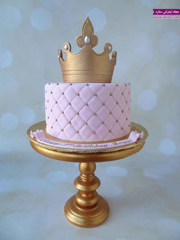 کیک با روکش فوندانت،کیک با تزیین تاج، کیک پرنسسی،تزیین کیک تولد دخترانه