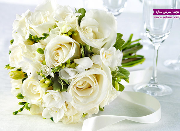 دسته گل شیک عروس با رز سفید