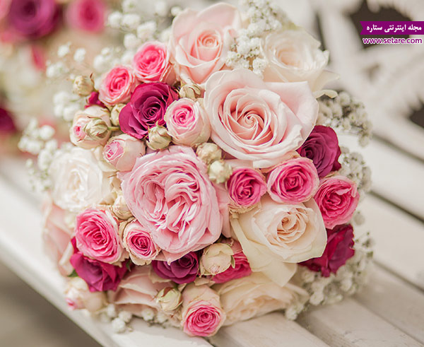 دسته گل عروس با رزهای رنگی