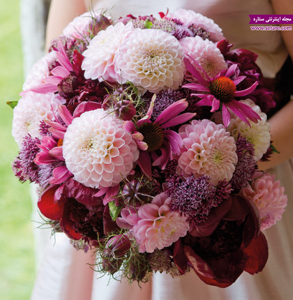 دسته گل عروس با گل های صورتی و بنفش