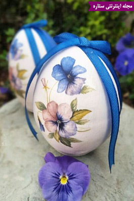 طراحی گل بنفشه روی تخم مرغ با مداد رنگی و پاستل