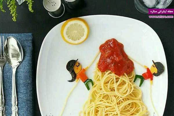 تزیین ماکارونی، تزیین خلاقانه غذا، تزیین غذای کودک، ماکارونی رشته ای، اسپاگتی
