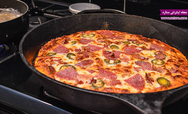 طرز تهیه پیتزا با ماهیتابه (پیتزا گوشت و قارچ تابه‌ای)، پیتزا، پیتزا با ماهیتابه