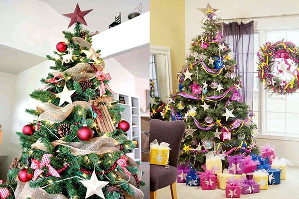 تزیین درخت کریسمس با کنف و توپک‌های رنگی و یا روبان