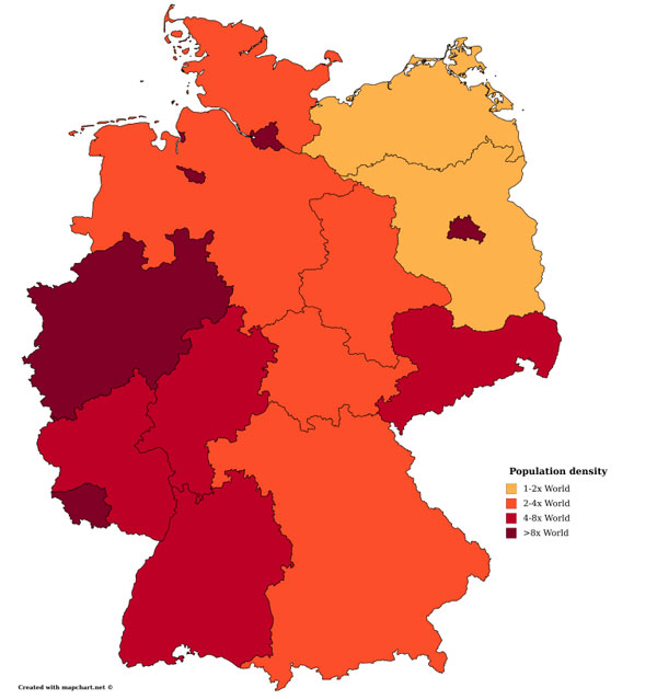 تراکم جمعیت در ایالات مختلف آلمان، رنگ‌های تیره‌تر نشان دهنده تراکم جمعیت بیشتر هستند.