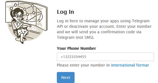 دیلیت اکانت موبوگرام از طریق وب سایت رسمی تلگرام، وارد کردن شماره