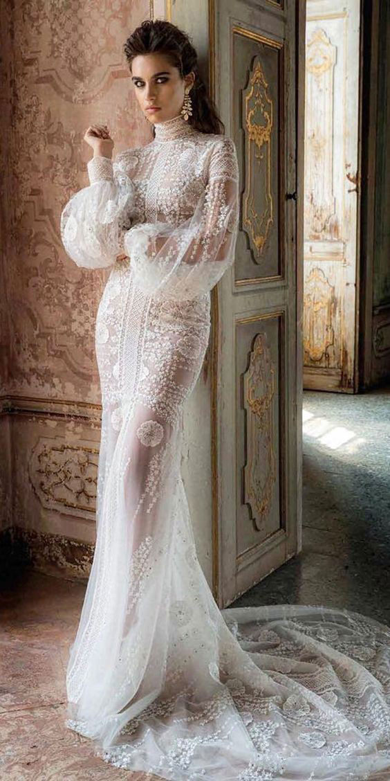 مدل لباس عروس گیپور آستین دار