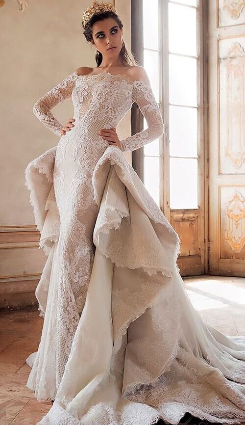 لباس عروس آستین دار و گیپور دو دامنه 