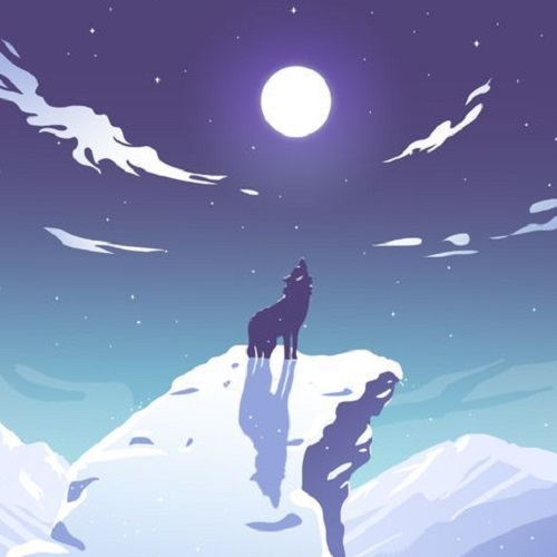 عکس گرافیکی گرگ و ماه در کوه برفی