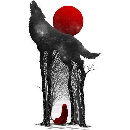 عکس کارتونی گرگ و ماه قرمز و دختری با شنل قرمز
