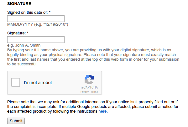 امضا و ارسال درخواست کپی کنندگان به گوگل