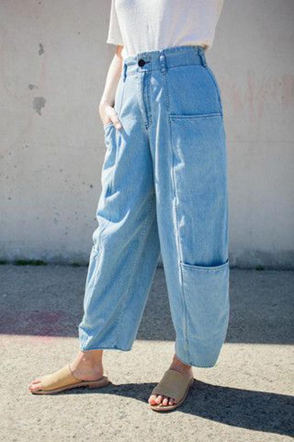 شلوار گشاد زنانه کمردار جین کوتاه با جیب های طولی