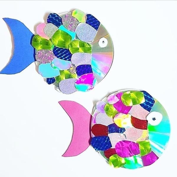عکس کاردستی ماهی با سی دی و کاغذ رنگی