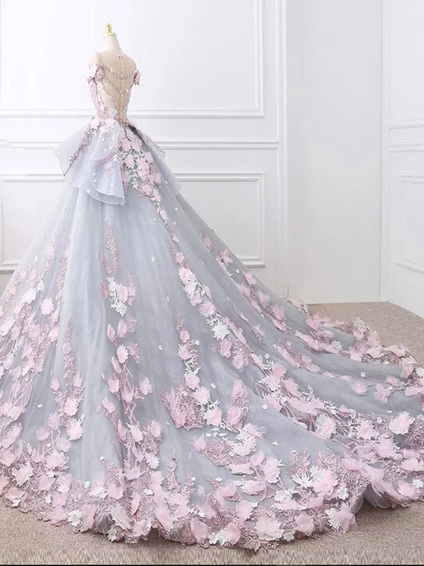 لباس عروس گل‌برجسته یاسی رنگ 