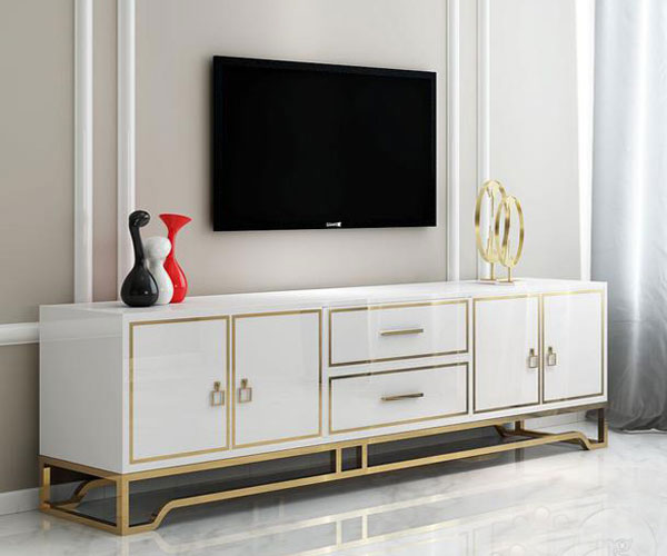میز تلویزیون سفید و طلایی با طراحی کلاسیک