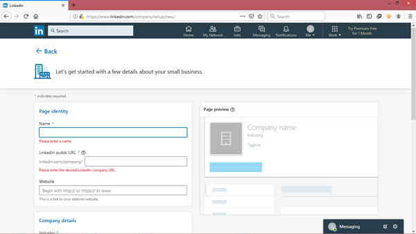 وارد کردن مشخصات شرکت و صفحه در لینکدین