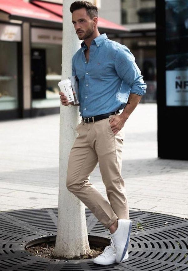 ست پیراهن جین مردانه با شلوار کتان و کفش های اسنیکر
