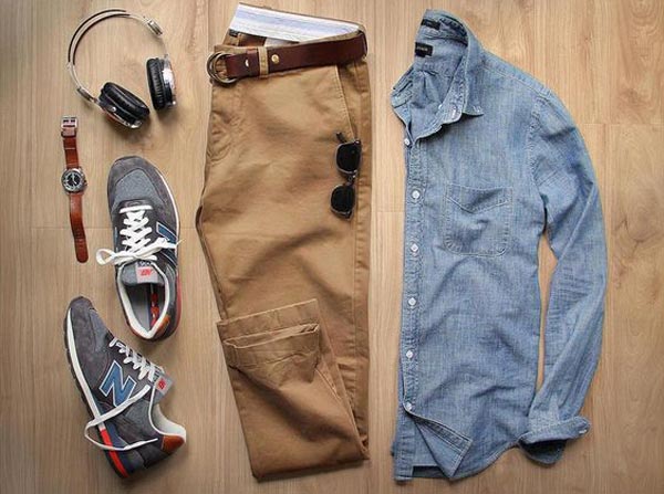 ست پیراهن جین مردانه با شلوار کتان و کفش اسنیکر