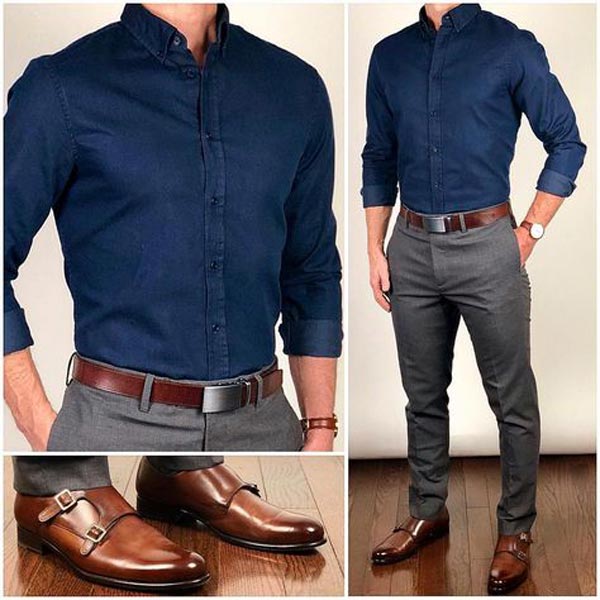 ست پیراهن لی مردانه و شلوار پارچه ای و کفش رسمی مردانه