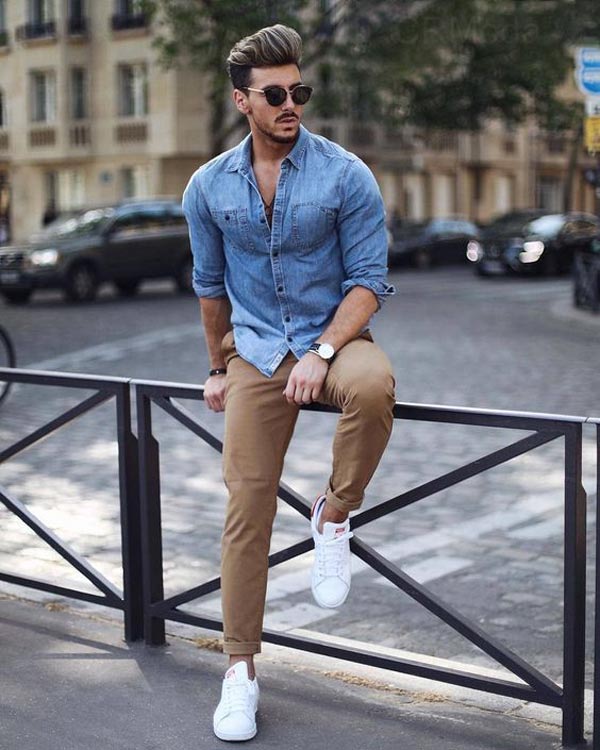 ست پیراهن جین مردانه و شلوار کتان خاکی رنگ
