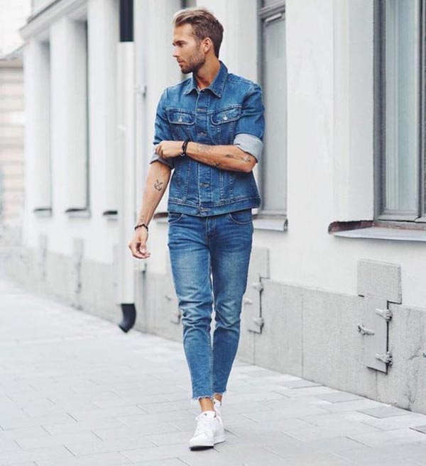 ست پیراهن لی مردانه با شلوار لی و کفش های اسنیکرز