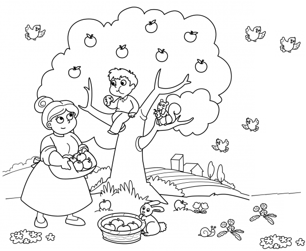 نقاشی سیب خوردن بچه‌ ها 