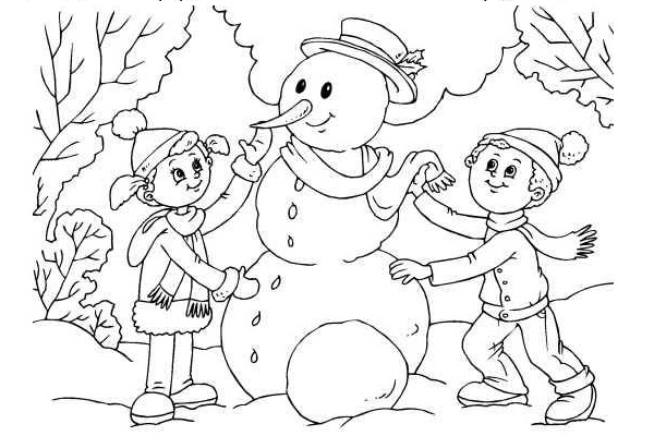 نقاشی آدم برفی و بچه‌ها در زمستان