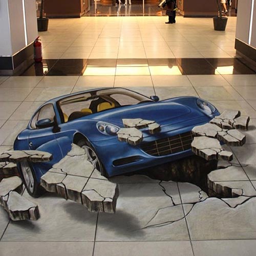 نقاشی سه بعدی ماشین روی زمین