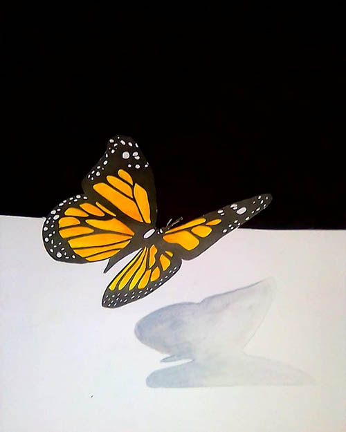 نقاشی سه بعدی پروانه روی کاغذ
