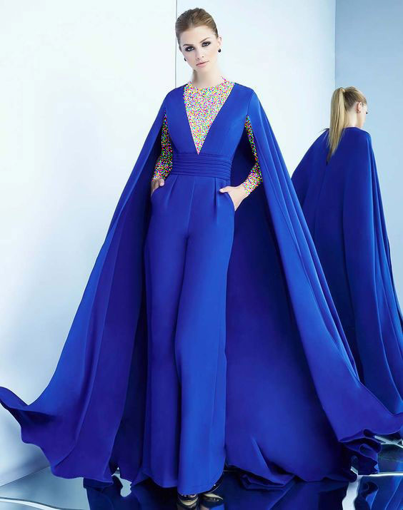 مدل لباس مجلسی شنل دار آبی کاربنی