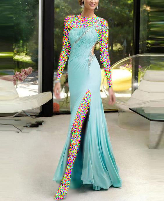 مدل لباس مجلسی فیروزه ای دکلته بلند